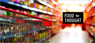 A shopping cart in a grocery store aisle with text "Food for Thought"